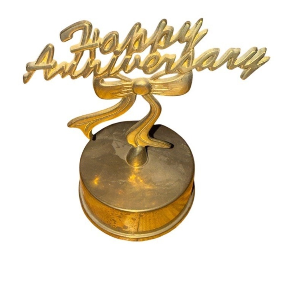 Brass Flambro Happy Anniversary Wind-Up Musical Music Box Figurine Gold Tone MCM
